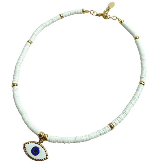 White Pooka Evil Eye Necklace