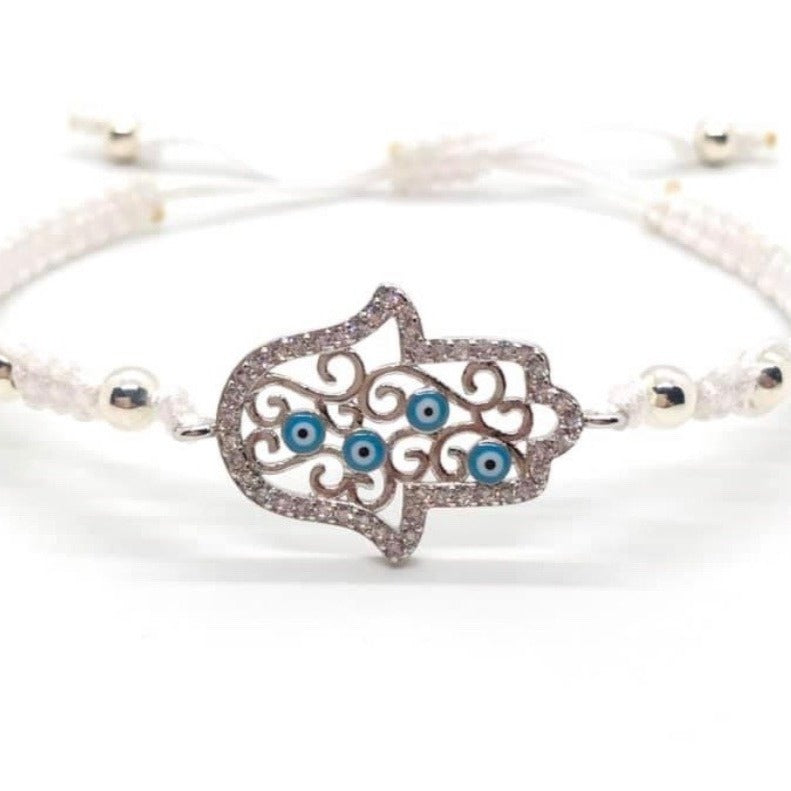 White macrame Hamsa and  Evil  eye bracelet